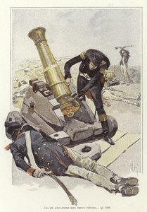 Un soldato ispeziona un cannone accanto al corpo di un soldato morto da Felicien baron de Myrbach Rheinfeld