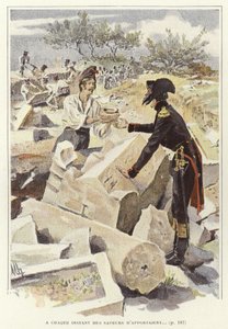 Un soldato che passa una pentola a un altro soldato tra le rovine di Nicopoli da Felicien baron de Myrbach Rheinfeld