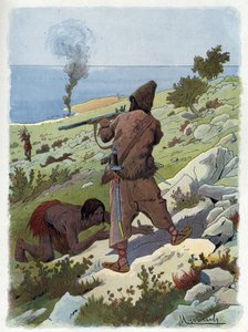 Robinson Crusoe uccide i selvaggi che inseguono Venerdì
