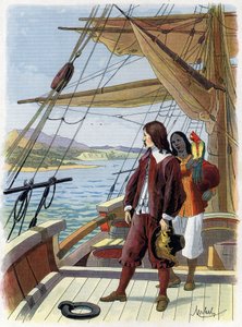 Robinson Crusoe lascia la sua isola - Illustrazione di Felician Myrbach Myrbach Rheinfeld (1853-1940) per il libro di Daniel Defoe Robinson Crusoe. Circa 1934