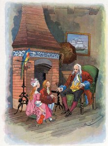 Robinson Crusoe racconta ai suoi figli delle sue avventure. Illustrazione di Felician Myrbach Rheinfeld per il libro di Daniel Defoe 