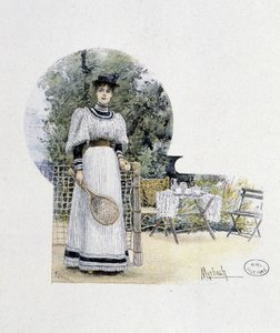 Giovane donna su un campo da tennis - incisione, fine XIX secolo da Felicien baron de Myrbach Rheinfeld