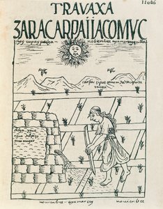 Un contadino che irriga il suo campo a novembre da Felipe Huaman Poma de Ayala