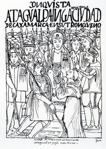 Diego de Almagro, Francisco Pizarro e Fra Vicente de Valverde inginocchiati davanti ad Atahualpa Inca a Cajamarca da Felipe Huaman Poma de Ayala