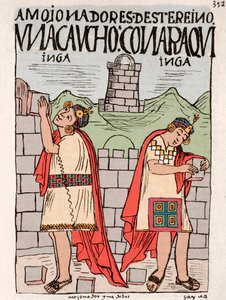 Impero Inca: Incas che costruiscono granai, edifici pubblici e religiosi - Disegno a inchiostro dal manoscritto 