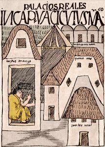 Impero Inca: Templi e Palazzi a Cuzco, Perù - Disegno a inchiostro dal manoscritto "Nueva coronica y buen gobierno" di Don Felipe Puma de Ayala che illustra la vita degli Incas, circa 1587 Lima, Museo Nacional de Antropologia, Arqueologia e Historia de da Felipe Huaman Poma de Ayala