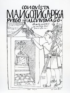 Manco Inca tenta di bruciare il palazzo Inca di Cuyus Mango, convertito per il culto cristiano, ma Dio interviene da Felipe Huaman Poma de Ayala