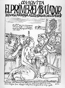 Martin de Ayala saluta Francisco Pizarro e Diego de Almagro da Felipe Huaman Poma de Ayala
