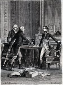 Prima deliberazione dei tre consoli a Lussemburgo - Napoleone Bonaparte, Emmanuel Joseph Sieyes e Pierre Roger-Ducos 1799 - Incisione di Barbant, dopo Philippoteaux - Primo Consolato, 24 Frimaio VIII (15 dicembre 1799), prima riunione del Primo da Felix (after) Philippoteaux