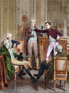 Il Primo Console Bonaparte parla con il matematico Gaspard Monge - Discussione tra Bonaparte, Primo Console, e Gaspard Monge (1746-1818) incisione di Felix Philippoteaux (1815-1884) da Felix (after) Philippoteaux