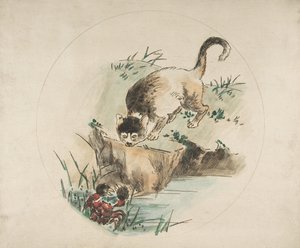 Decorazione per un piatto: un gatto che caccia un granchio da Felix Bracquemond