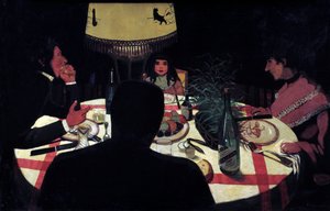 Cena, effetto lampada. Rappresentazione del pittore circondato dalla moglie e dai figli