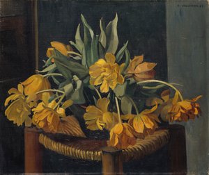 Tulipani gialli doppi su una sedia di vimini da Felix Edouard Vallotton