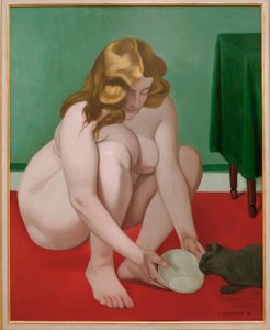 Donna accovacciata che offre latte a un gatto da Felix Edouard Vallotton