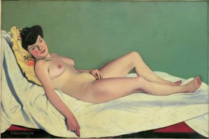 Donna nuda sdraiata su un lenzuolo bianco, cuscino giallo