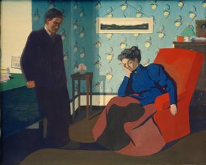 Interno con poltrona rossa e figure