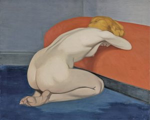 Donna nuda inginocchiata davanti a un divano rosso, 1915