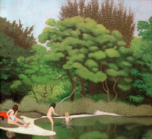 Paesaggio boschivo soleggiato, con due donne e un bambino da Felix Edouard Vallotton