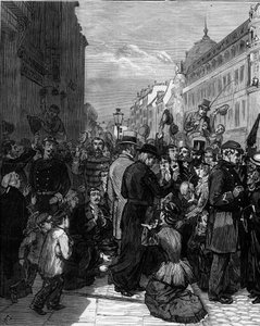 Deportazione dei Gesuiti dalla Rue de Sevres a Parigi a seguito dei decreti di marzo 1880 emessi da Jules Ferry che rimuovono il diritto di insegnare ai membri delle congregazioni religiose non autorizzate: la popolazione parigina mostra solidarietà con l