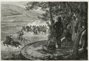La corsa del djerid, il cavaliere partiva tenendo un bastone corto che rappresentava sia la lancia che il fucile; lo brandiva sopra la testa prima di lanciarlo, incisione di F.Regamey, per illustrare la storia Les Ansaries, di Leon Cahun, incaricato di una da Felix Elie Regamey