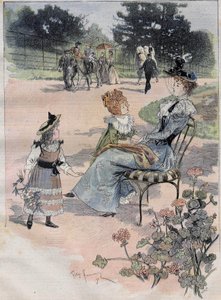 La passeggiata dei bambini al giardino di acclimatazione a Parigi nel 1892. Incisione acquerellata
