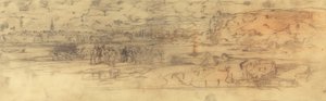 Estuario con un porto marittimo fortificato a sinistra e scogliere a destra da Felix Hilaire Buhot