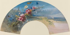 Ventaglio con Fiori Selvatici e Farfalle contro la Costa Normanna