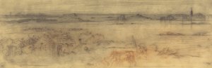 Paesaggio marino con città fortificata a destra, isole a sinistra e un cottage in primo piano da Felix Hilaire Buhot