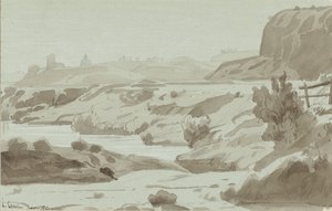 Veduta della campagna romana con un fiume in primo piano