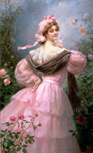 Donna elegante in un giardino di rose