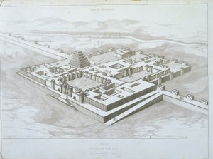 Palazzo di Khorsabad, vista storica da sud-est con parte delle mura fortificate, illustrazione da 