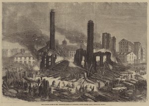 Le rovine in fiamme dei Pemberton Mills, a Lawrence, Stati Uniti