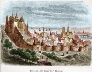 La città di Dieppe con il suo castello (Seine Maritime) (76) in Normandia nel 1489. da Felix Thorigny
