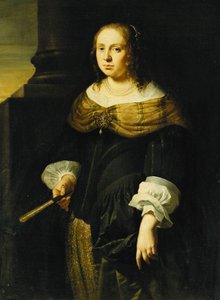 Ritratto di una Signora, a Tre Quarti di Lunghezza, con un Abito Nero e Verde, che Tiene un Ventaglio, su un Portico da Ferdinand Bol