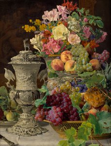 Natura morta con frutta, fiori e coppa d