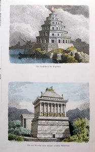Il grande faro di Alessandria e il Mausoleo di Alicarnasso, da una serie delle Sette meraviglie del mondo pubblicata in Munchener Bilderbogen, 1886