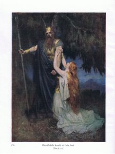 Brunilde si inginocchiò ai suoi piedi, illustrazione da Le storie delle opere di Wagner pub. da George Harrap & Co Ltd 1932 da Ferdinand Lecke