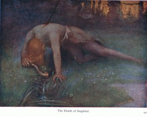 La morte di Sigfrido, illustrazione da Le storie delle opere di Wagner pub. da George Harrap & Co Ltd 1932