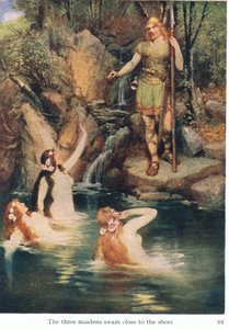 Le tre fanciulle nuotarono vicino alla riva, illustrazione da Le storie delle opere di Wagner pub. da George Harrap & Co Ltd 1932