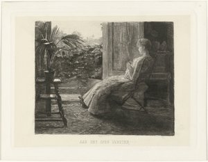 Giovane donna che ricama vicino alla finestra aperta da Ferdinand Oldewelt