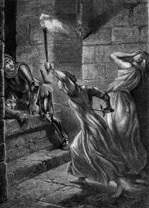 Eroismo: Julienne Du Guesclin, sorella di Bertrand Duguesclin, afferrò un maiale per respingere i soldati inglesi che cercavano di invadere il castello di Pontorson. XIV secolo. Incisione del 1864 di Eugène Delacroix