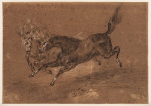 Cavalli che corrono (recto); Uomo barbuto nudo, seduto (verso), c.1800-1899 da Ferdinand Victor Eugene (follower of) Delacroix