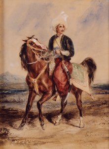 Un guerriero arabo a cavallo in un paesaggio (acquerello su carta)