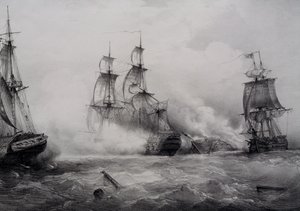 Combattimento tra navi a vela britanniche e americane di terza classe con 74 cannoni, litografia di Ferdinand Perrot da Ferdinand Victor Perrot
