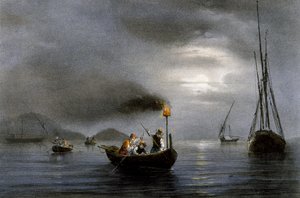 Pesca notturna con lampada da pesca, litografia a colori di Ferdinand Perrot (1808-1841) da Ferdinand Victor Perrot