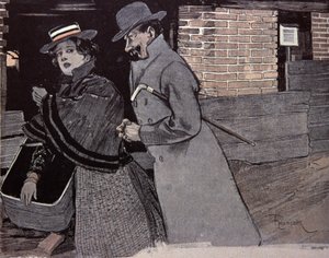 Uomo che molesta una giovane donna. Illustrazione di F. Von Reznicek in: Simplicissimus, Germania da Ferdinand von Reznicek