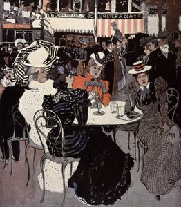 Donna che parla a un tavolo fuori da un caffè (Illustrazione di Von Reznicek in: Simplicissimus, Germania) da Ferdinand von Reznicek