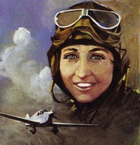 Amy Johnson che ha volato da Croydon a Capetown (litografia a colori)