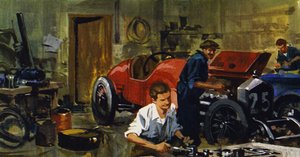 Juan-Manuel Fangio fu apprendista del pilota Viggiano (litografia a colori)