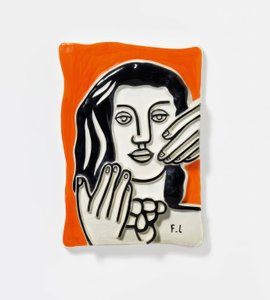 Volto con entrambe le mani, su sfondo arancione da Fernand Leger